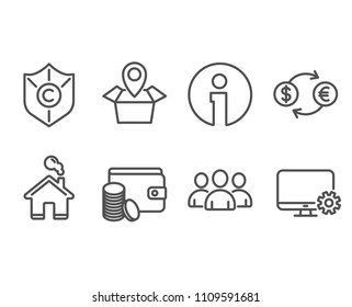 Set of Group, Currency exchange and Payment method icons. Package location, Ð¡opyright protection and Monitor settings signs. Group of users, Banking finance, Wallet with coins. Vector