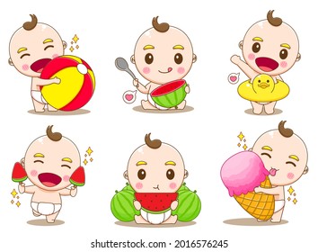 set group cute baby boy doing summer activities