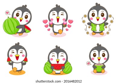 Set group cute penguin doing summer activities cartoon illustration