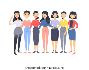 Set of a group of different asian american women. Cartoon style characters. Vector illustration people