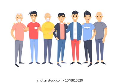 Set of a group of different asian american men. Cartoon style characters of different ages. Vector illustration people