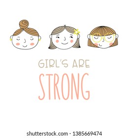 Set of a group of different girls and inscription. Cartoon doodle style characters. Vector illustration.