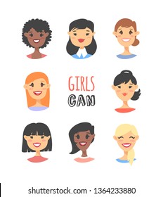 Set of a group of different people and text. Cartoon style characters of different races. Vector illustration caucasian, asian and african american women and quote