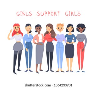 Set of a group of different people and text. Cartoon style characters of different races. Vector illustration caucasian, asian and african american women and quote