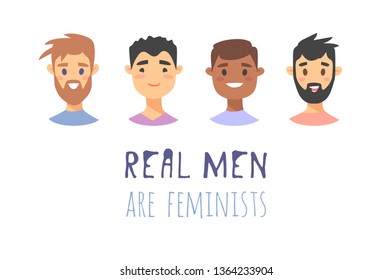 Set of a group of different people and text. Cartoon style characters of different races. Vector illustration caucasian, asian and african american men and quote