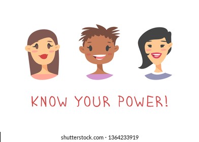 Set of a group of different people and text. Cartoon style characters of different races. Vector illustration caucasian, asian and african american women and quote