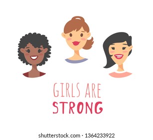 Set of a group of different people and text. Cartoon style characters of different races. Vector illustration caucasian, asian and african american women and quote