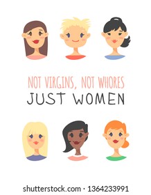 Set of a group of different people and text. Cartoon style characters of different races. Vector illustration caucasian, asian and african american women and quote