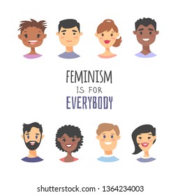 Set of a group of different people and text. Cartoon style characters of different races. Vector illustration caucasian, asian and african american men, women and quote