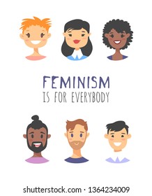 Set of a group of different people and text. Cartoon style characters of different races. Vector illustration caucasian, asian and african american men, women and quote