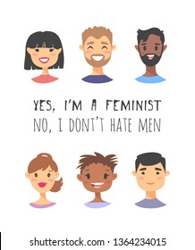 Set of a group of different people and text. Cartoon style characters of different races. Vector illustration caucasian, asian and african american men, women and quote