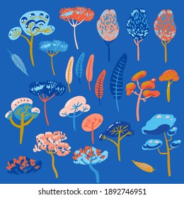 A Set, A Group Of Different Types Of Trees (exotic, Mediterranean) For Design, Patterns, Textiles. Vector Illustration.