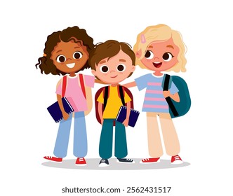 Set group of diverse characters, style kids young people friends together, hugging posing. Fellow, students, classmates, buddies, pals doing keepsake photograph isolated on white background.