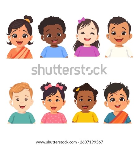 Set of a group of diverse and deaf children with a small hearing aid device in their ear isolated on a white background. Happy kids with assistive technology for communication after auditory loss