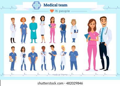 Set Of Group Doctors, Nurses And Medical Staff People,isolated On White.Different Nationalities.Flat Style.Hospital Medical Team Concept.People Character Set In Various Poses. Medico, Physician, Medic