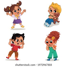 Set, group of four children, kids in different emotions and characters. Happy, angry, sad, surprised.
