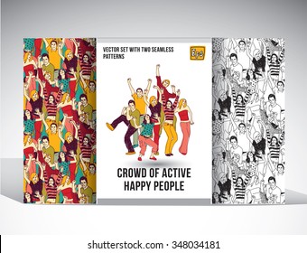 Set with group of happy people and two seamless patterns. Color vector illustration. EPS10