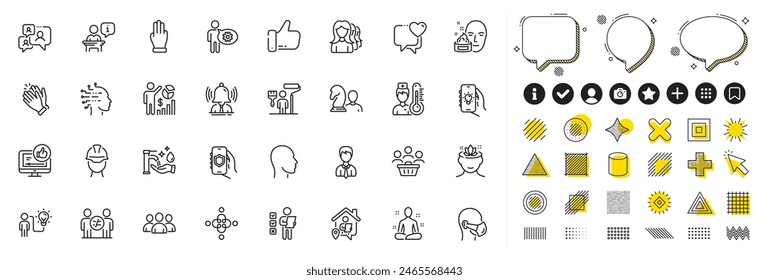 Conjunto de iconos de línea de Grupo, Corazón y Yoga para App de Web. Elementos de diseño, íconos de medios sociales. Asistencia chat, App eléctrico, App de seguridad iconos. Cabeza, tres dedos, señales de podio. Vector