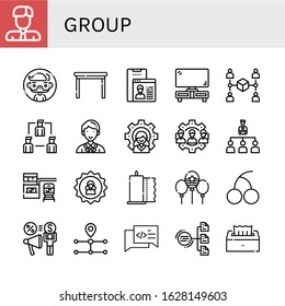 Set of group icons. Such as Businessman, Man, Table, User, Tv set, Connection, Share, Coordinator, Leader, Team, Organization, Train station, Paper towel, Balloon , group icons