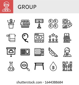 Set of group icons. Such as Instructor, Growth, Users, Home team, Euro, People, Towel, Balloon, Video web, Networking, Book shop, Presentation, Meal, Napkin, Flying , group icons