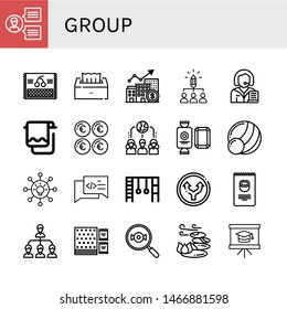 Set of group icons such as Team, Cherry, Tissue, Growth, Share, Clerk, Towel, Euro, Network, Candy, Medicine ball, Networking, Chat, Monkey bars, Straight, Nuts, Napkin , group