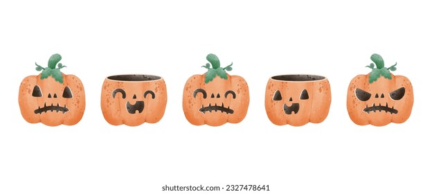 set of group jack o lantern pumpkin watercolor Happy Halloween holiday. Orange pumpkin with smile for your design for trick or Treating symbol of the isolated on white background Vector illustration