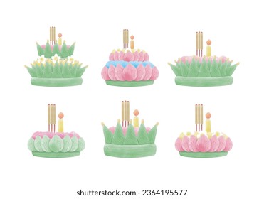 set of group krathong of Loy krathong festival illustration element isolated on background Vector