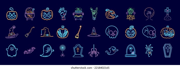 Set group neon things hallowen vector illustration