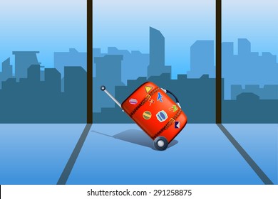 set of group od suitcases and passport on colorful background stroked