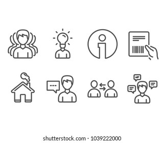 Set of Group, Parcel invoice and Communication icons. Person talk, Education and Conversation messages signs. Headhunting service, Delivery document, Users talking. Communication message, Human idea