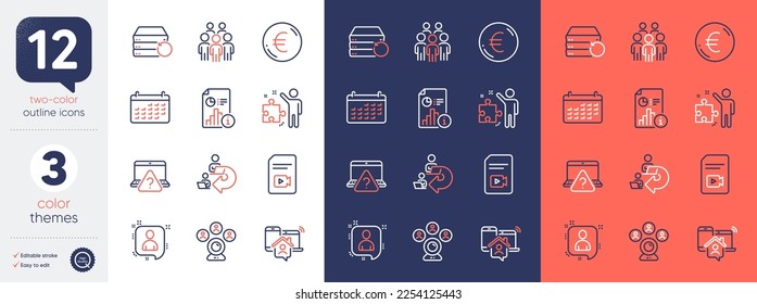 Set of Group people, Recovery server and Work home line icons. Include Strategy, Report, Video conference icons. Online question, Delegate work, Video file web elements. Calendar. Vector