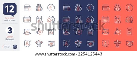 Set of Group people, Recovery server and Work home line icons. Include Strategy, Report, Video conference icons. Online question, Delegate work, Video file web elements. Calendar. Vector