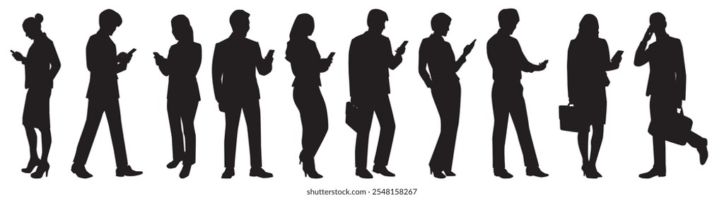 set of group of people using mobile phone silhouette. 