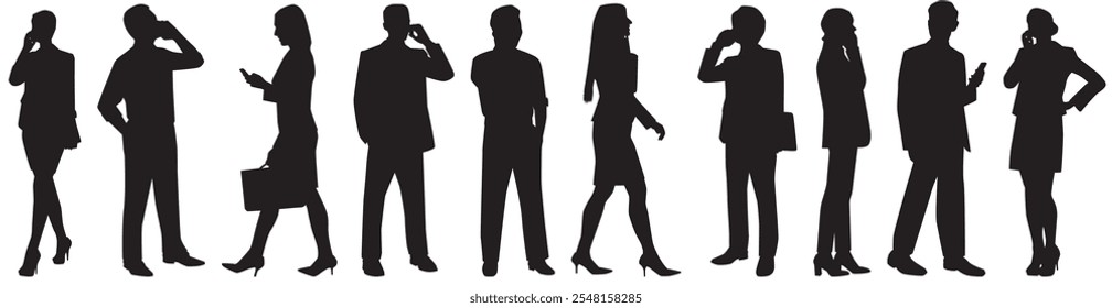 set of group of people using mobile phone silhouette. 