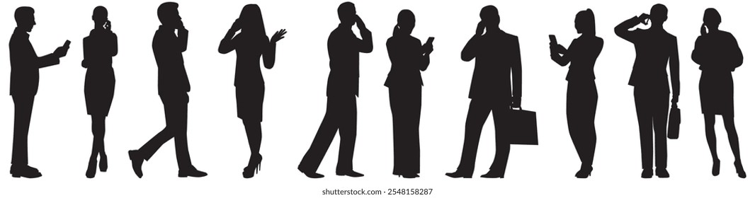 set of group of people using mobile phone silhouette. 