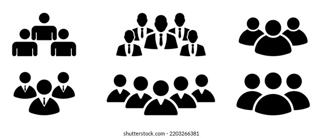 Set of group people vector icons. Crowd with person, team, member, staff and human. Black silhouette profile and user. Vector 10 EPS.