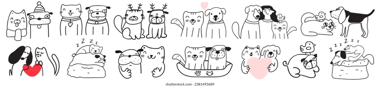 Conjunto de mascotas, gatitos y cachorros. Ayuden a los animales sin hogar. Animales de amistad. Los mejores amigos animales domésticos. Diseño de vector de contorno. Fondo blanco.