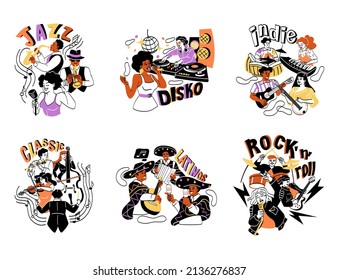 Set of Group portraits of music bands. Musicians with drums, guitars, violins and singers. Rock, Indie, Jazz, Disco, Classical, Latin. Cartoon flat vector collection isolated on white background