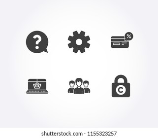 Set of Group, Question mark and Cashback icons. Online shopping, Service and Ð¡opyright locker signs. Group of people, Help support, Non-cash payment. Vector