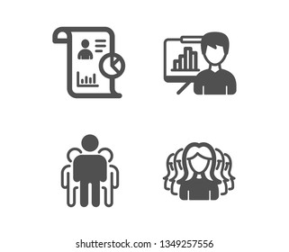 Set of Group, Report and Presentation board icons. Women group sign. Managers, Work statistics, Growth chart. Lady service.  Classic design group icon. Flat design. Vector