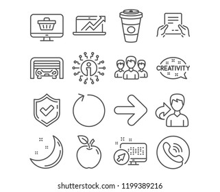 Set of Group, Sale diagram and Next icons. Web shop, Creativity and Receive file signs. Loop, Parking garage and Takeaway coffee symbols. Group of people, Sale growth chart, Forward. Vector
