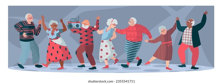 Grupo de ancianos bailando juntos. Hombres y mujeres de edad multiculturales pasan tiempo, divirtiéndose y descansando. Ilustración plana vectorial en colores azul y rojo