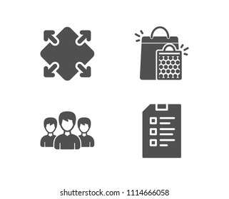 Set of Group, Shopping bags and Maximize icons. Checklist sign. Group of people, Sale marketing, Full screen. Data list.  Quality design elements. Classic style. Vector