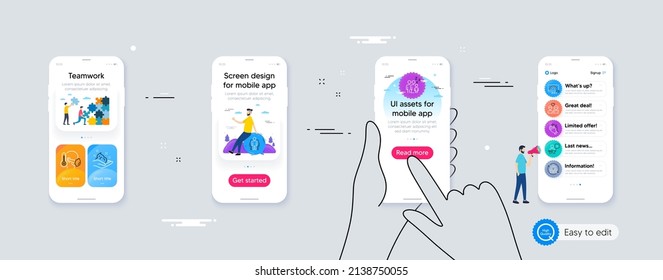 Set of Group, Sleep and Podium line icons. Phone ui interface. Include Teamwork, Couple love, Clapping hands icons. Lgbt, Skin care, Sick man web elements. For web, application. Vector