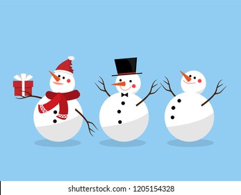 Set of a group of snowman wear Santa hat, red scarf and black hat hold a gift box on blue background. Christmas holidays cartoon character design for winter holidays greeting season.