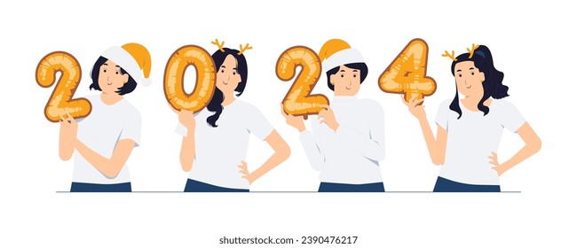Set group of woman holding balloon number of Happy new year 2024 celebrating winter holiday concept illustration
