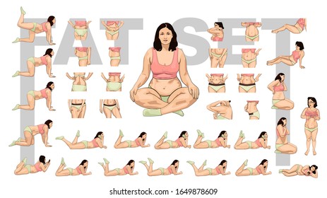 Set group women in different poses  Plus size curved women  woman and belly fat  Illustration many fat women  Isolated white 