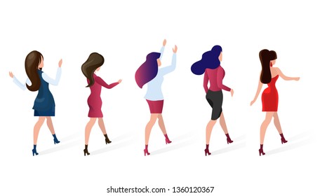 Set Group Women go Shopping Vector Illustration. Beautiful Women Model are Dressed Casual Clothes. Joint Purchases Convenient Application for Cost Savings. People Posing for Portrait.