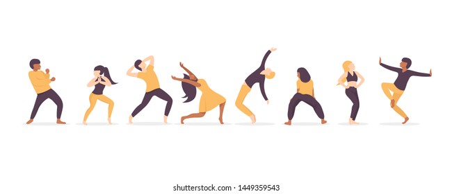 Set group of young happy dancing people together male and female dancers isolated on white background. Smiling young men and women enjoying dance party. Flat vector illustration style.