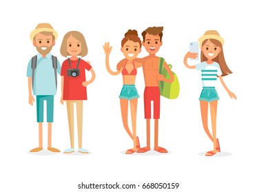 Set group young tourists traveling people in bathing costumes, swimming trunks, swimsuits. Young girl waving hand,making selfie. Vector young traveling couples,pairs,mates,twosome traveling together.